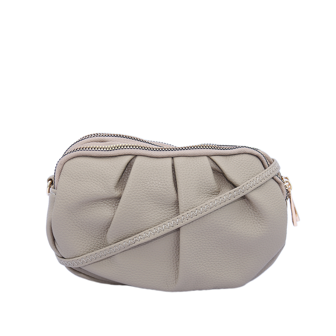 Textured crossbody bag with pleated design and double zip closure.