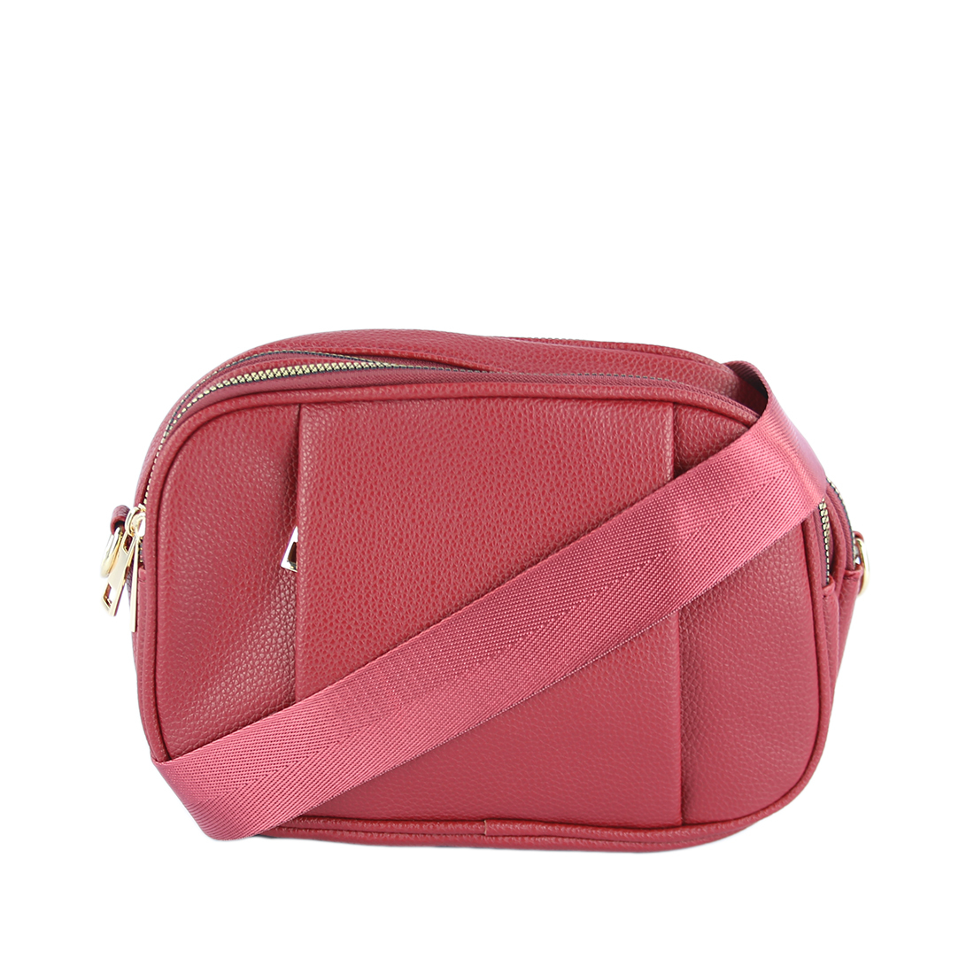 Compact crossbody bag with textured finish and gold-tone accents.