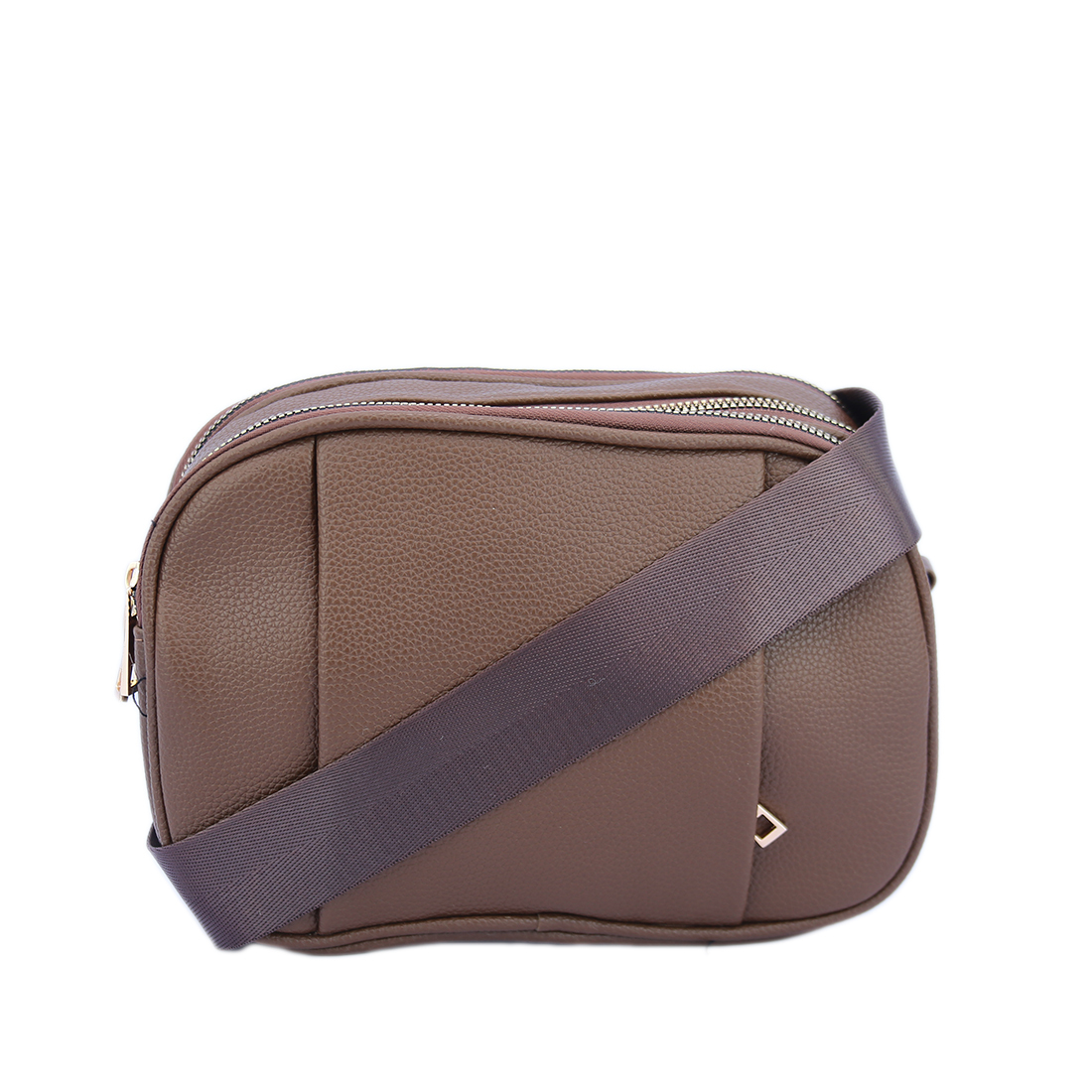 Compact crossbody bag with textured finish and gold-tone accents.