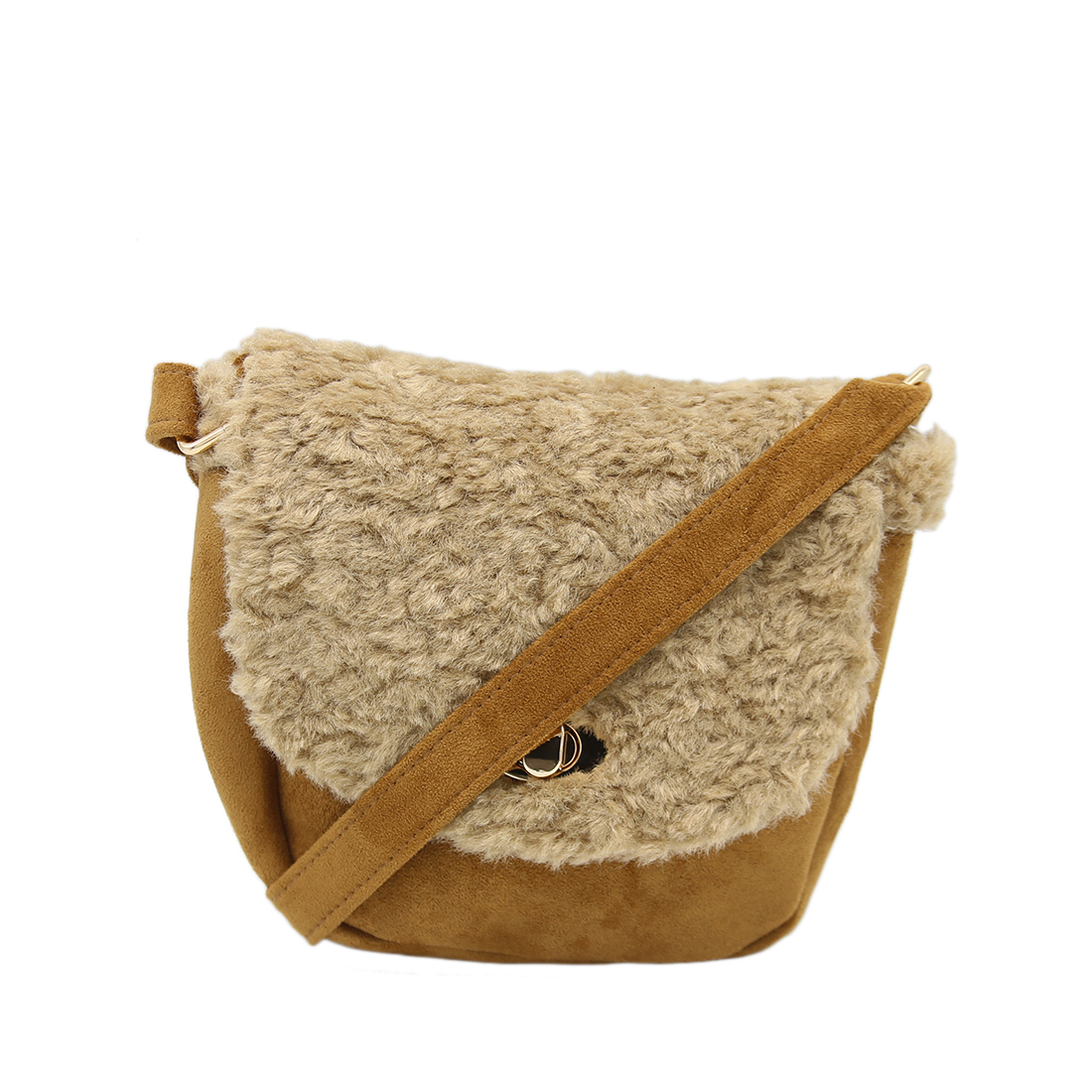Small purse with a fluffy, faux fur flap and a gold clasp