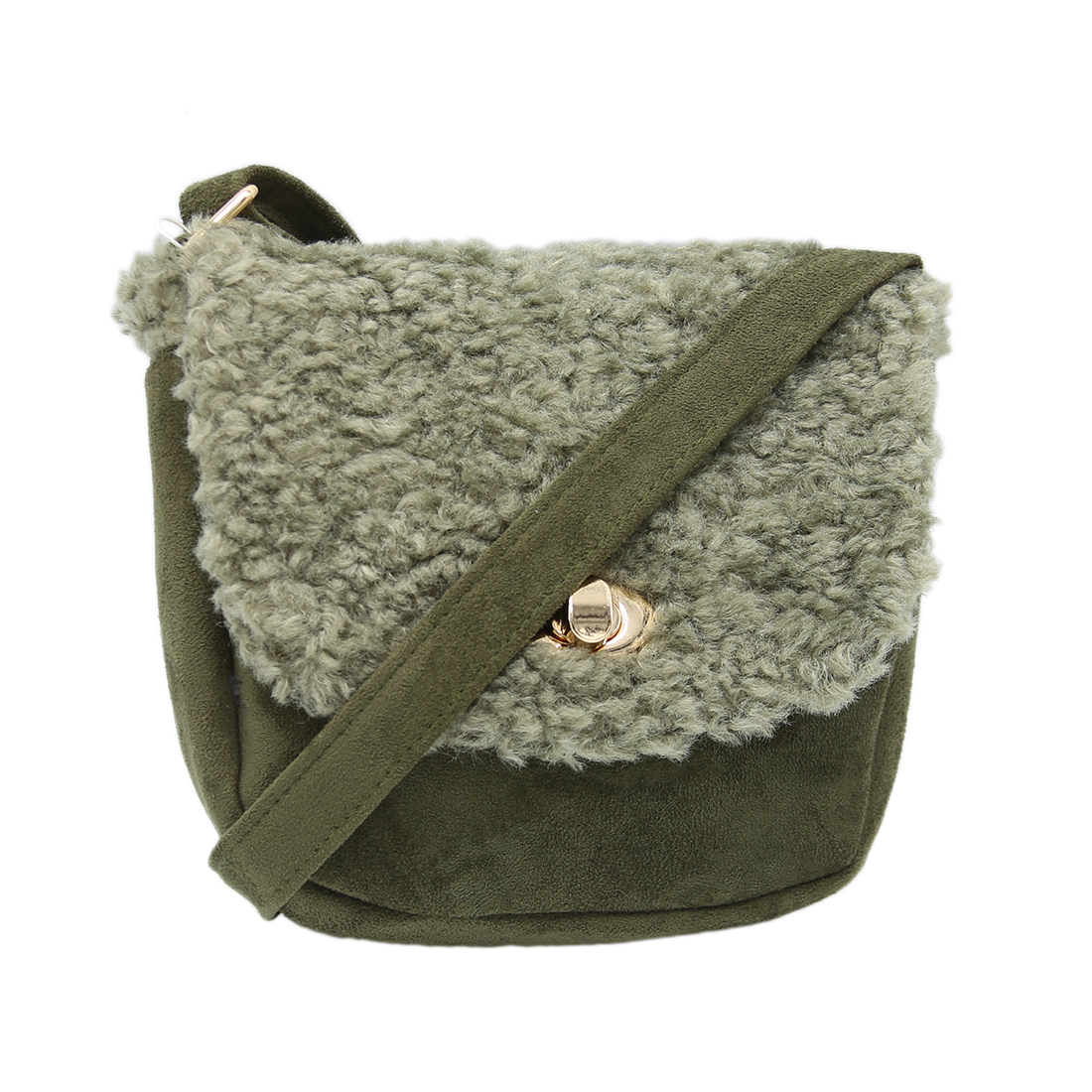 Small purse with a fluffy, faux fur flap and a gold clasp