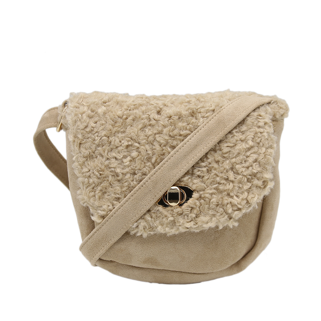 Small purse with a fluffy, faux fur flap and a gold clasp