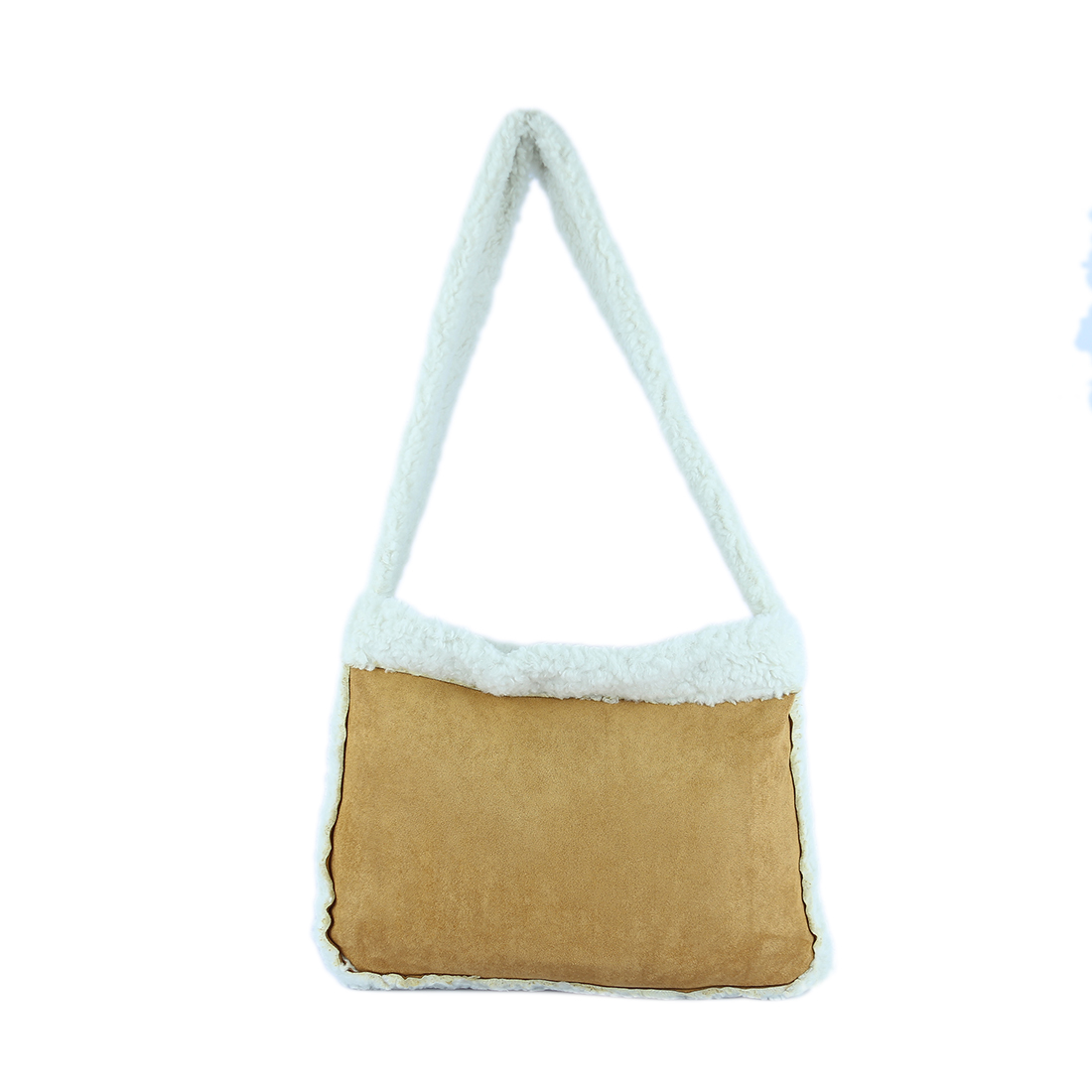 Pillow-shaped purse with a tan suede-like material