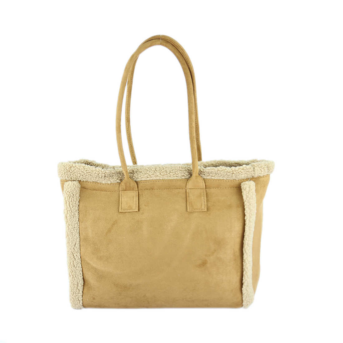 suede-like tote bag with fluffy trim on the sides and top
