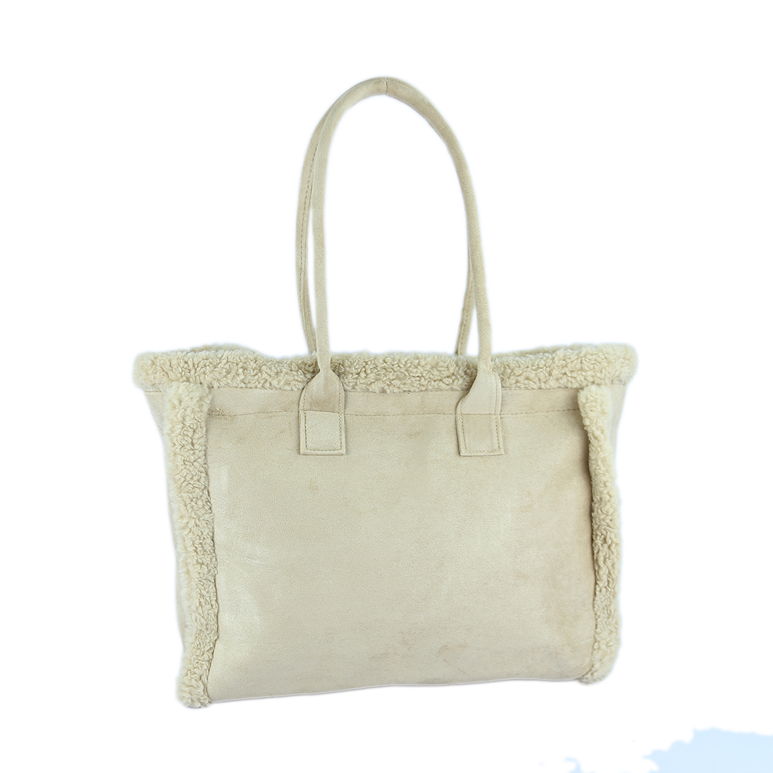 suede-like tote bag with fluffy trim on the sides and top