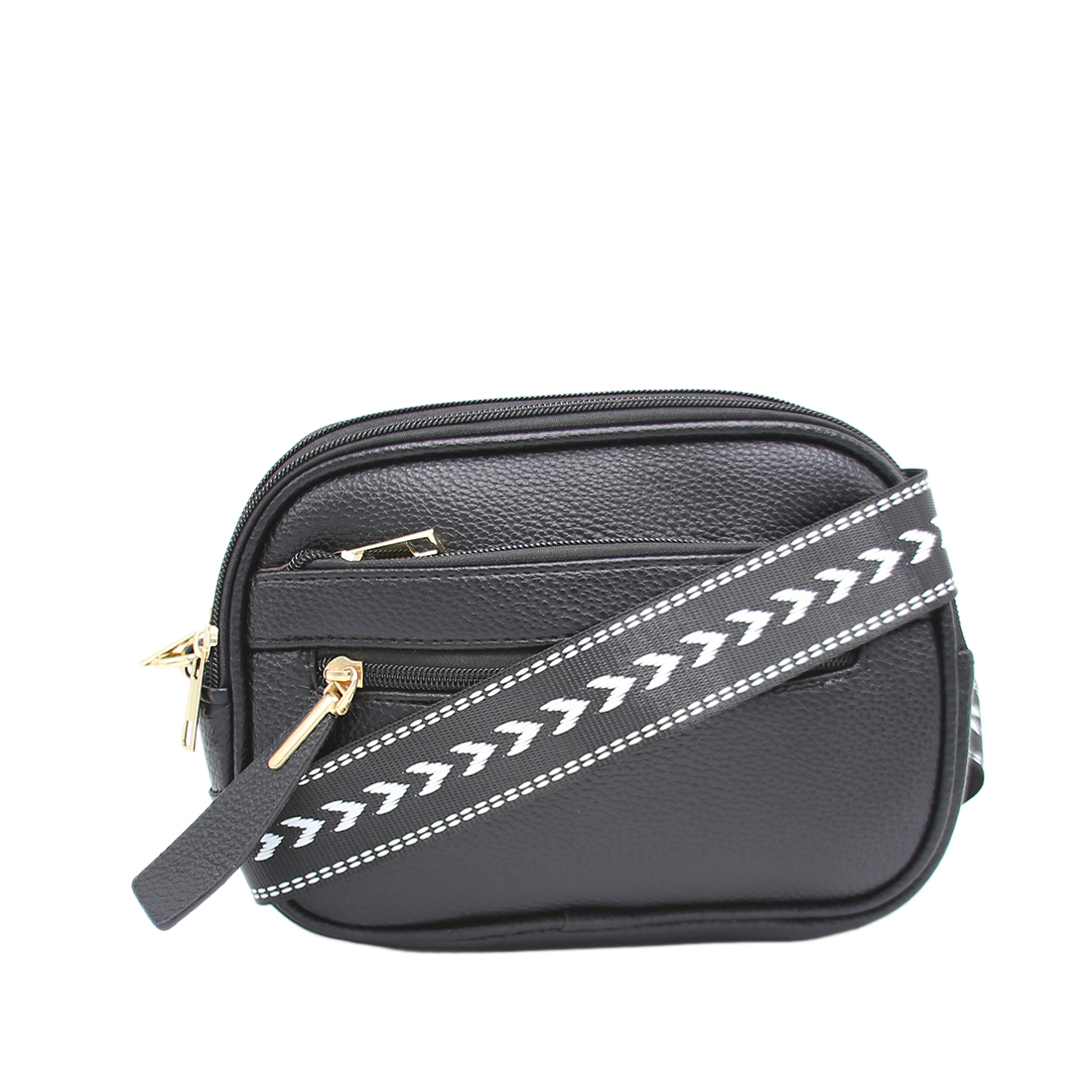 Textured crossbody bag with multiple gold zippers