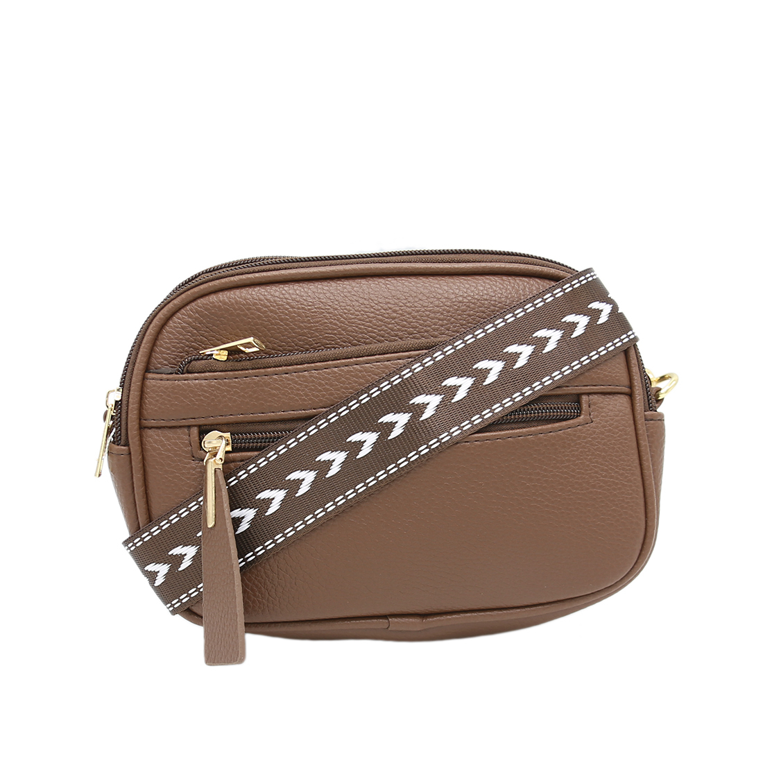 Textured crossbody bag with multiple gold zippers