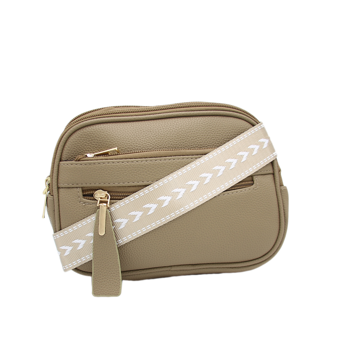 Textured crossbody bag with multiple gold zippers
