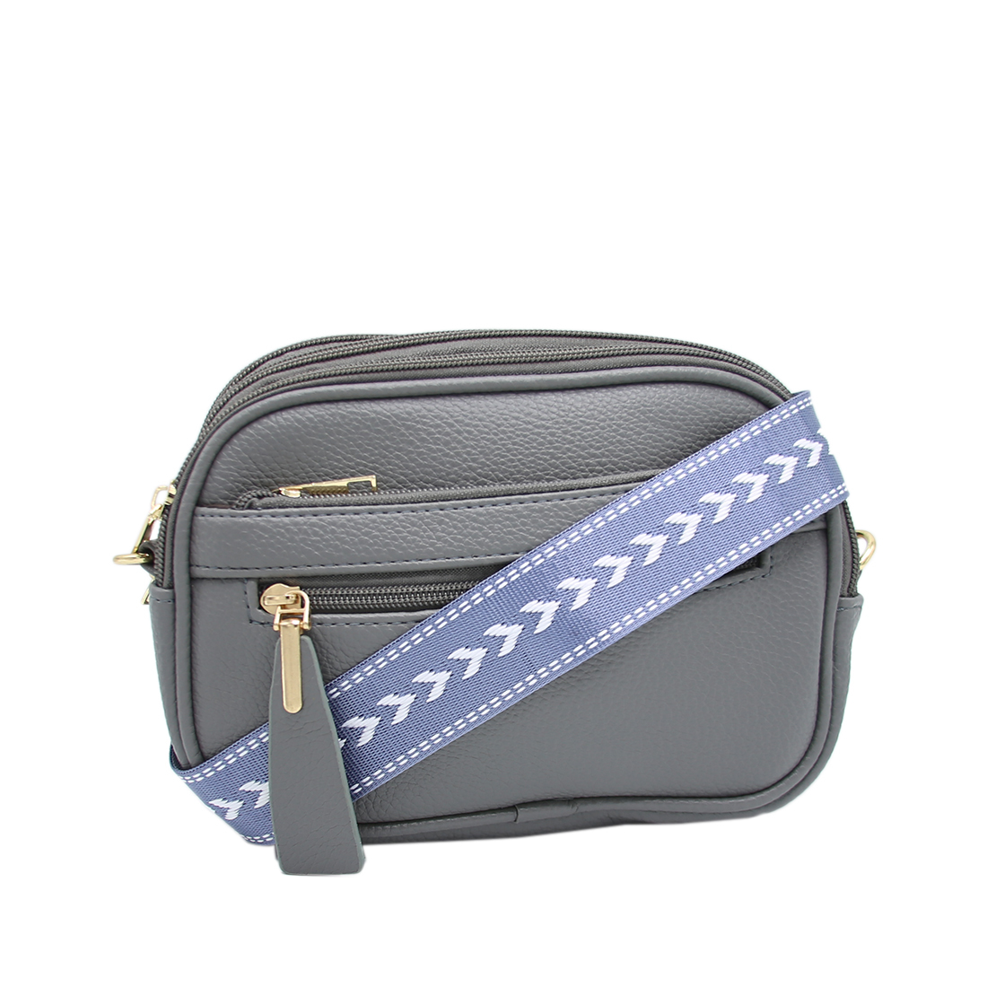 Textured crossbody bag with multiple gold zippers