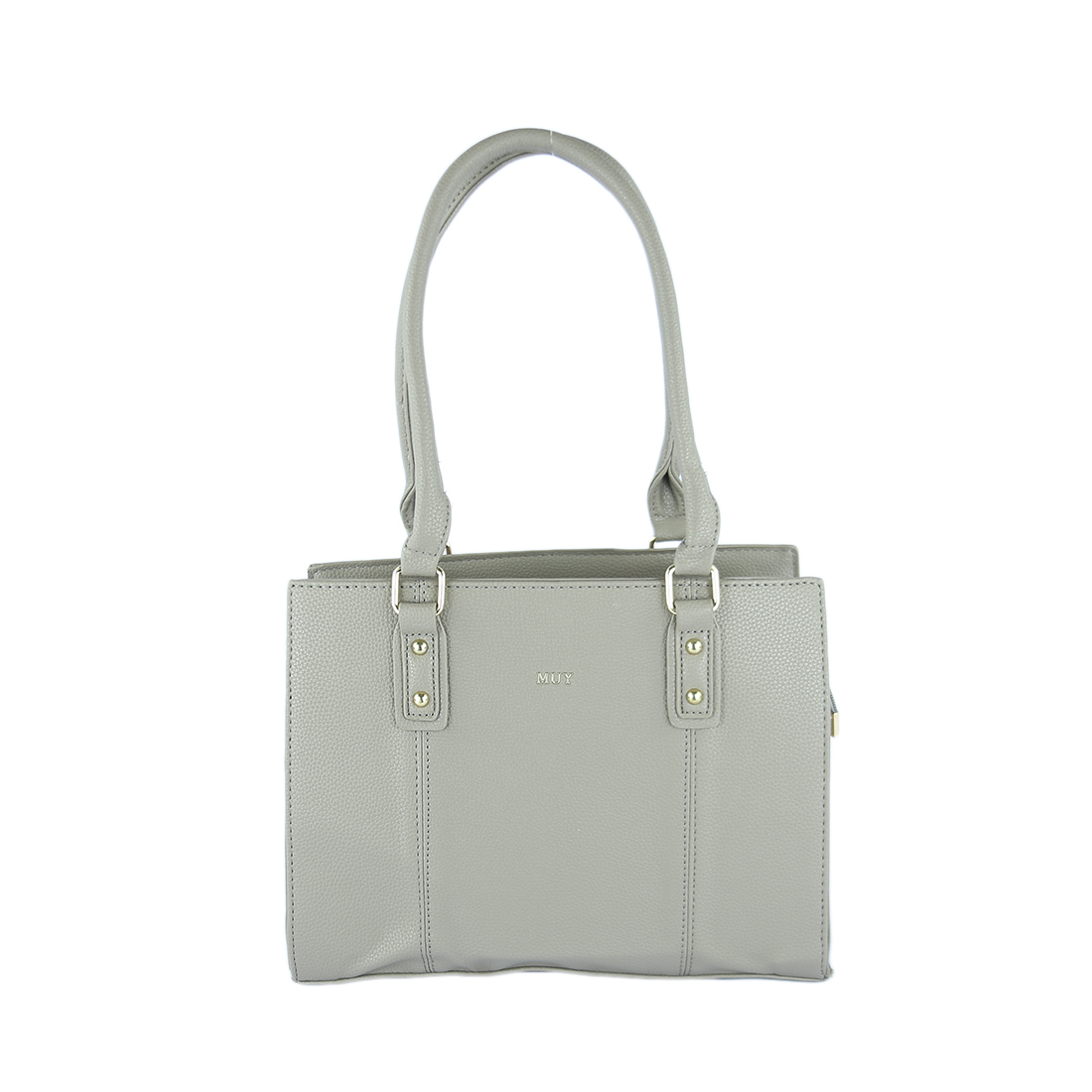 Taupe tote bag with gold-tone hardware and top handles