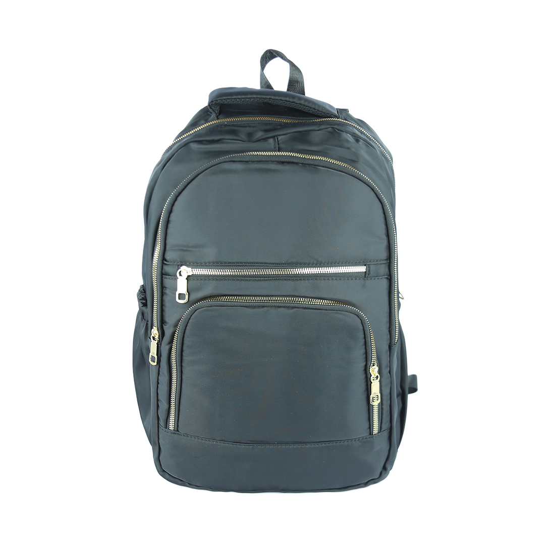 Nylon backpack with multi-zip pockets and gold-tone zips.