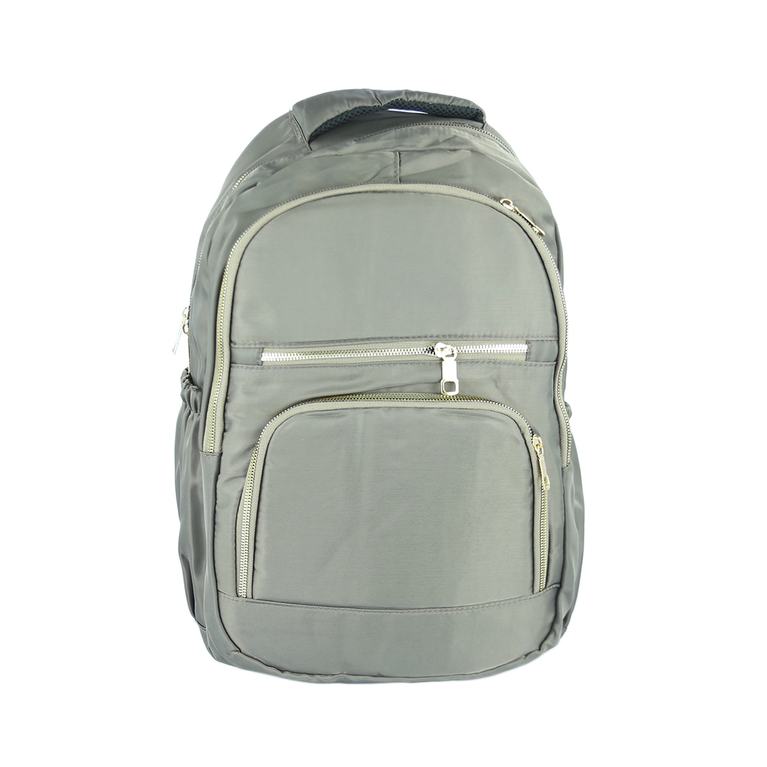 Nylon backpack with multi-zip pockets and gold-tone zips.