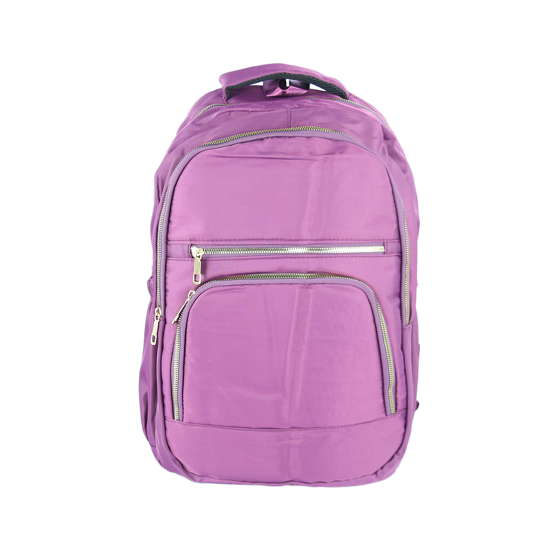 Nylon backpack with multi-zip pockets and gold-tone zips.