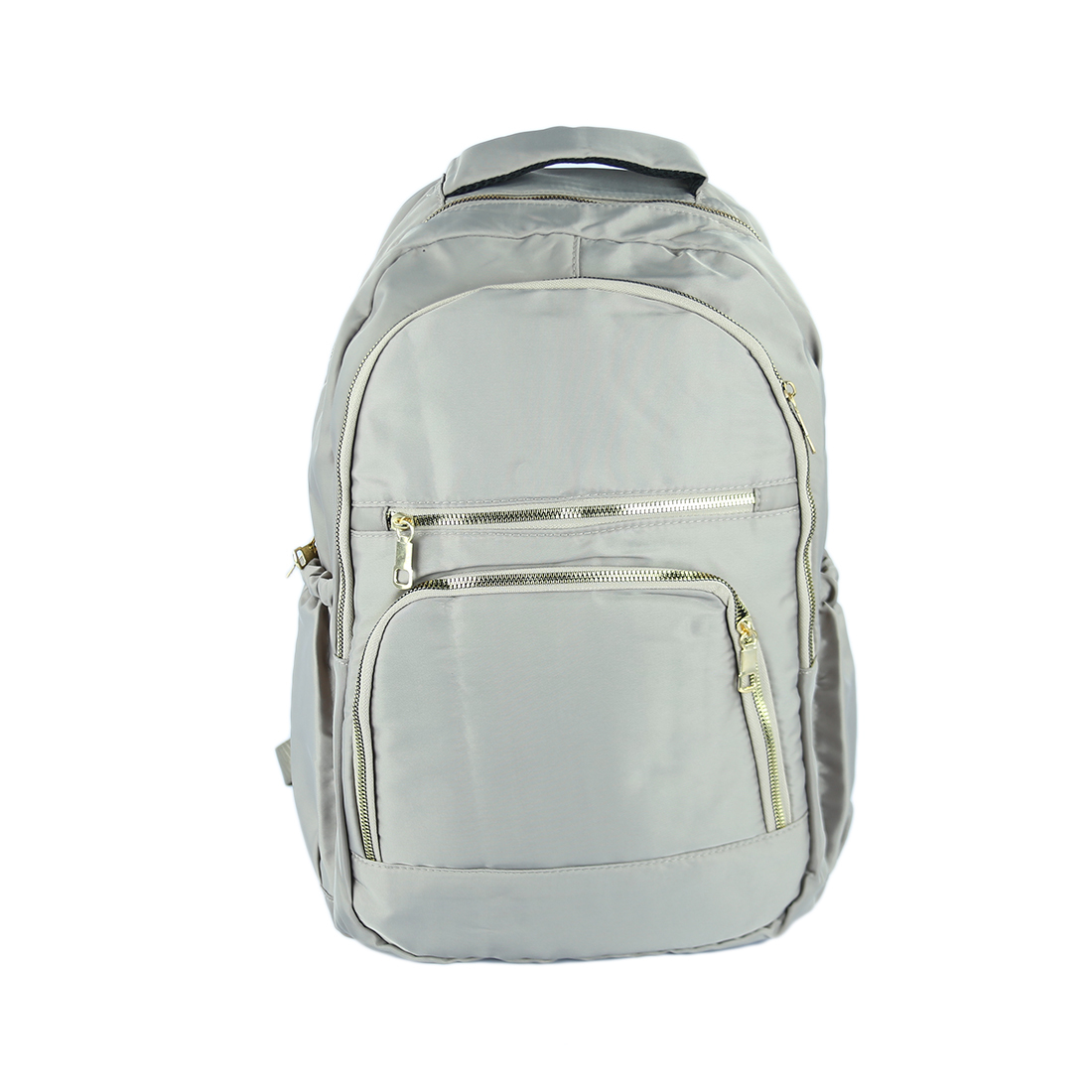 Nylon backpack with multi-zip pockets and gold-tone zips.