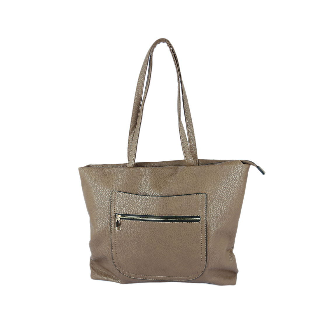 Tan tote bag with front zip pocket.