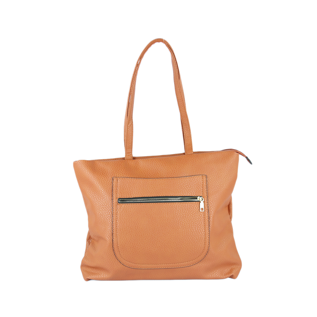 Tan tote bag with front zip pocket.