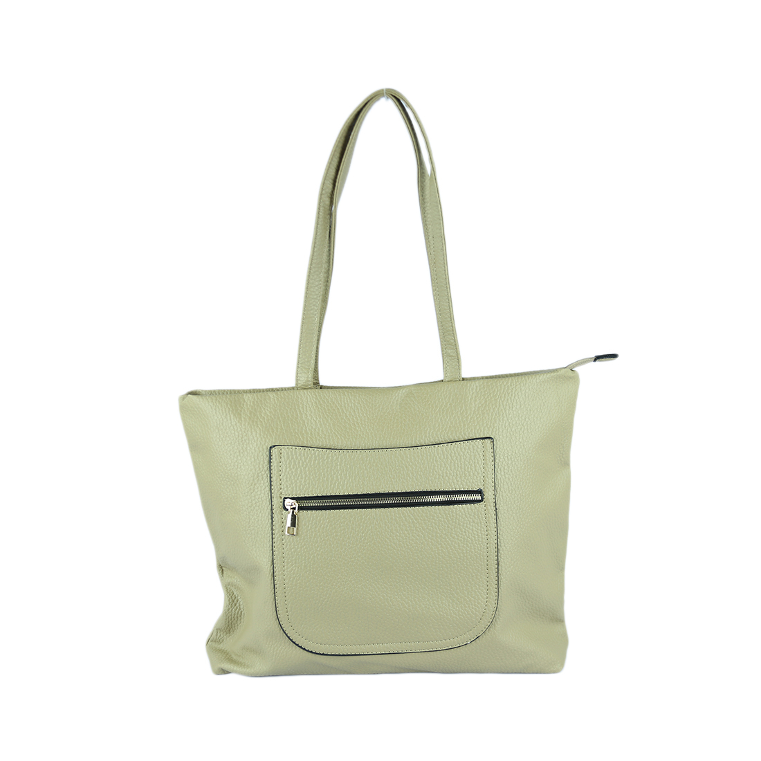 Tan tote bag with front zip pocket.