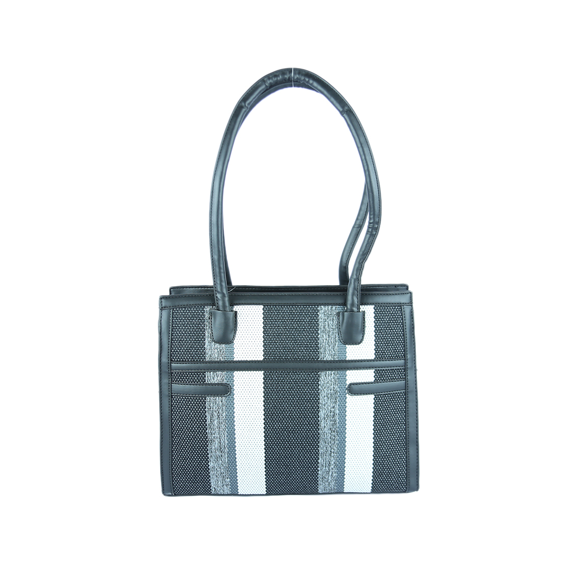 Striped tote bag with black and white woven design
