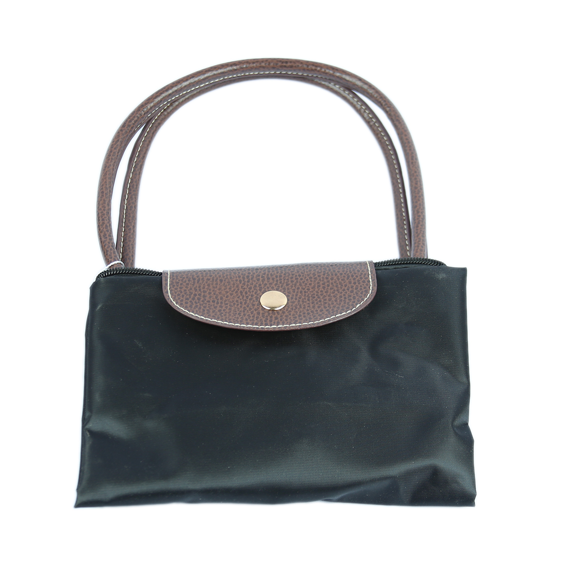 Fabric handbag with brown leather-look flap and handles
