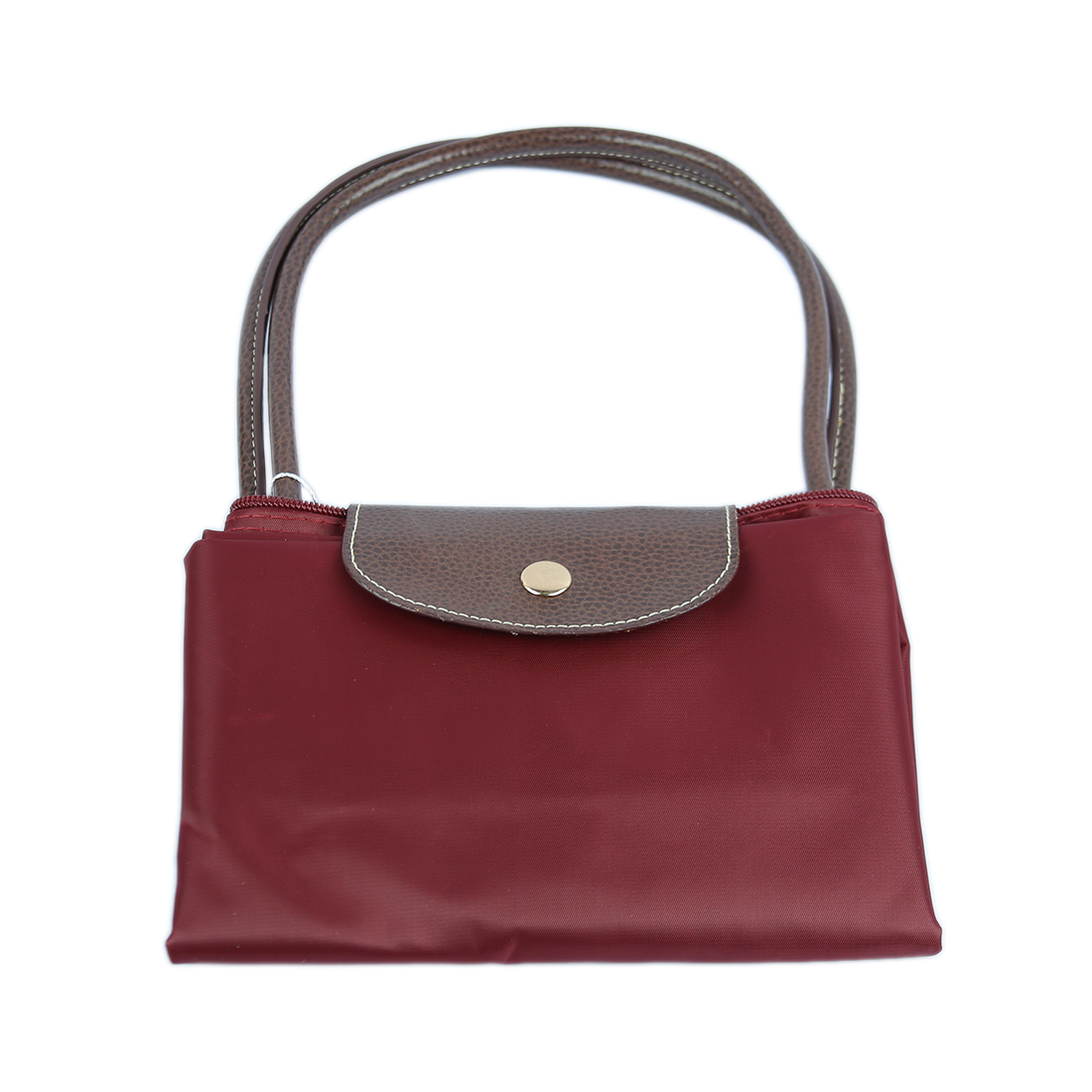 Fabric handbag with brown leather-look flap and handles