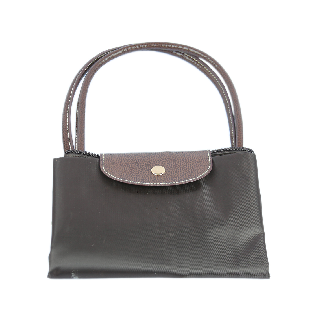 Fabric handbag with brown leather-look flap and handles