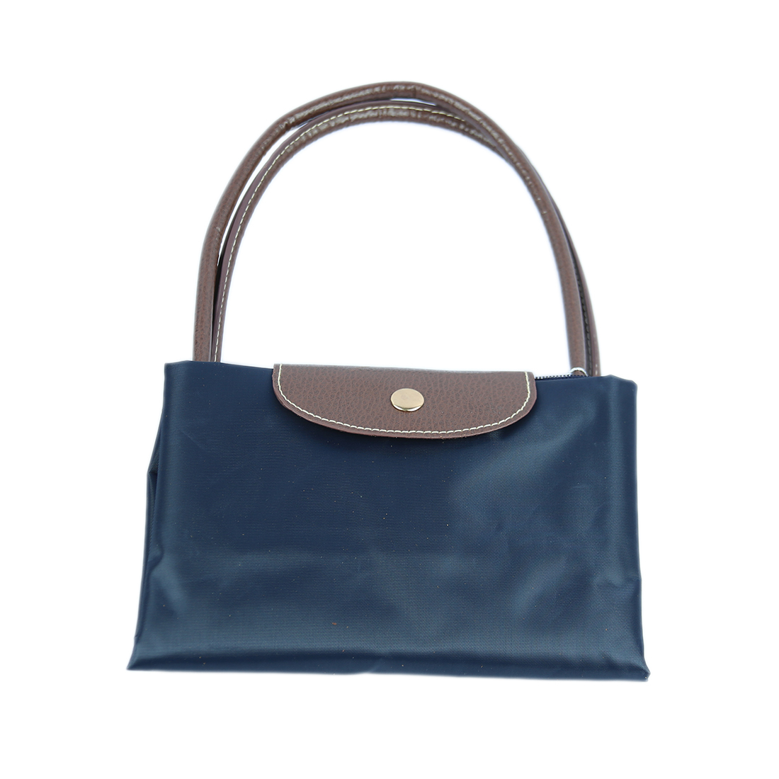 Fabric handbag with brown leather-look flap and handles