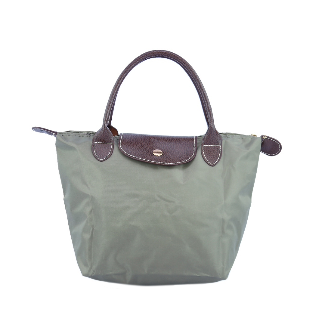 Fabric handbag with brown leather flap and handles
