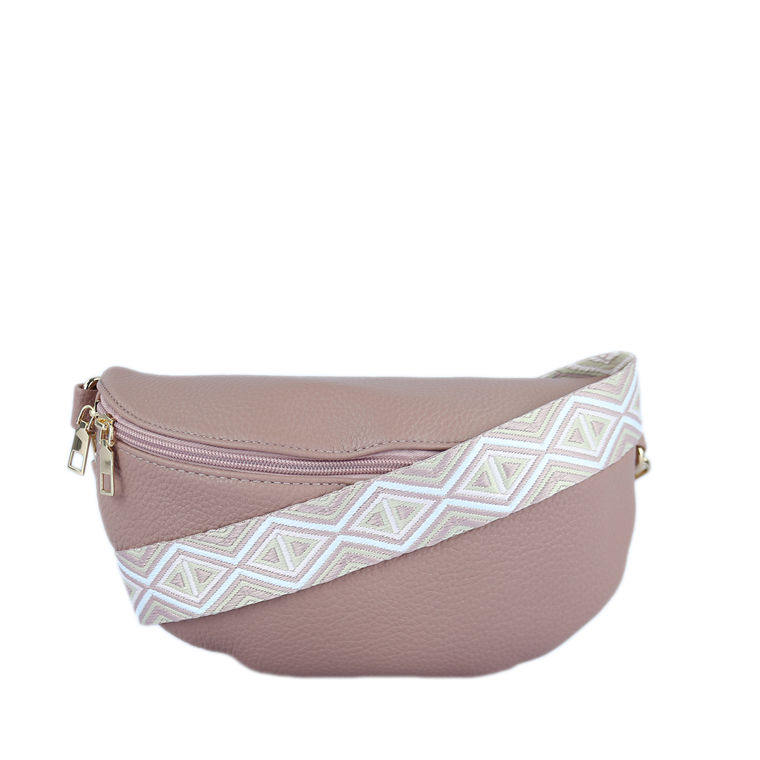 Extured black fanny pack with a central zipper