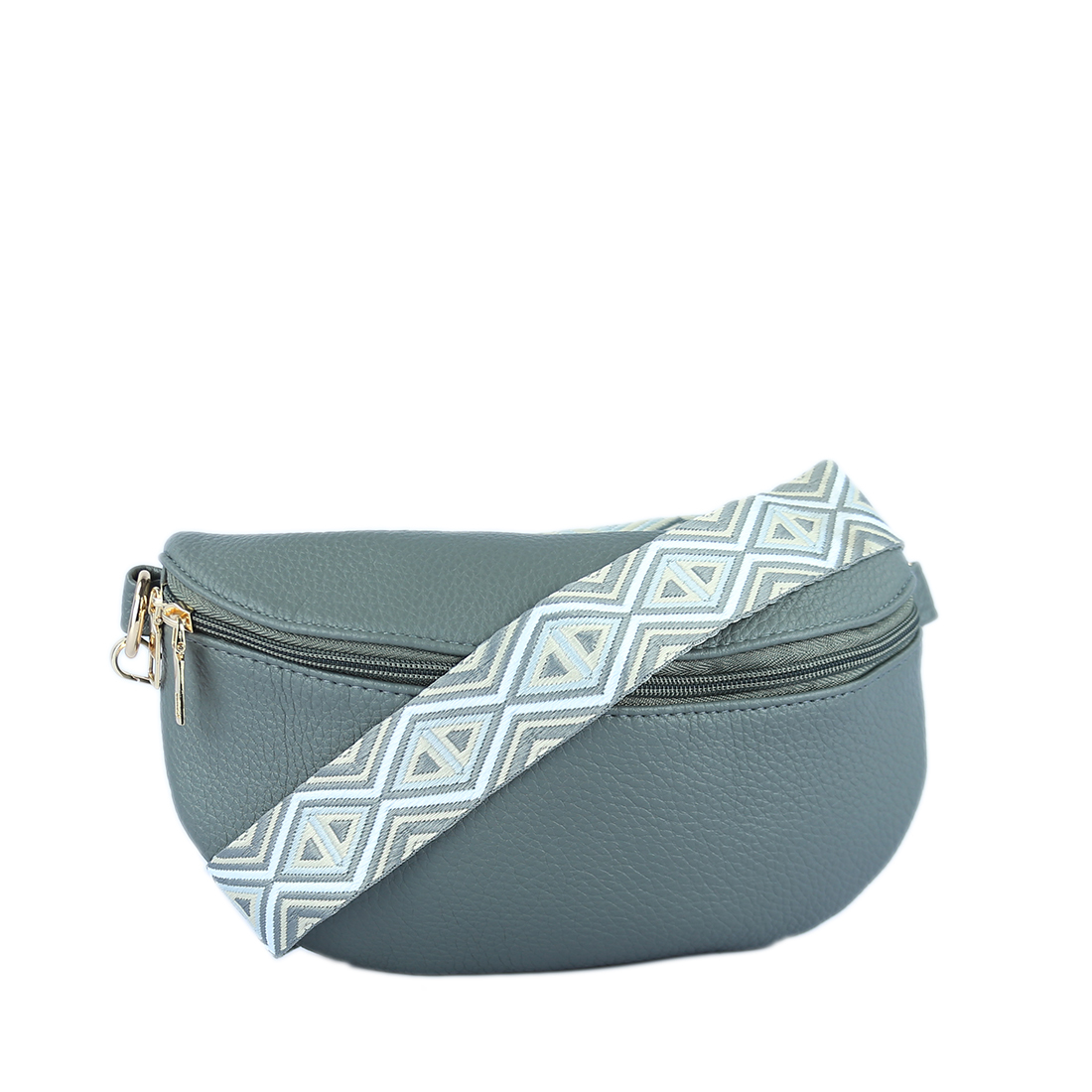 Extured black fanny pack with a central zipper