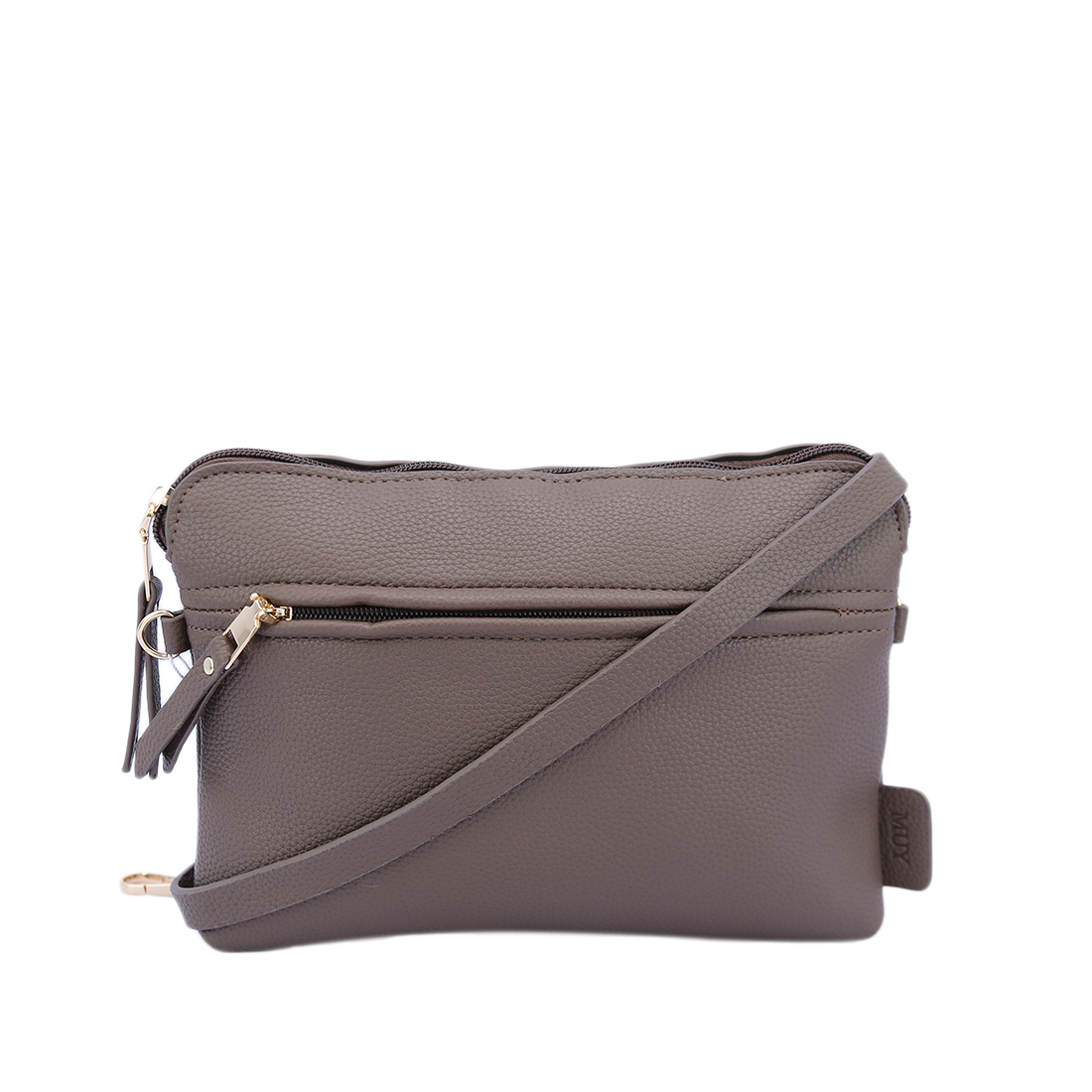 Textured cross bag with front zip pocket and gold-tone hardware.