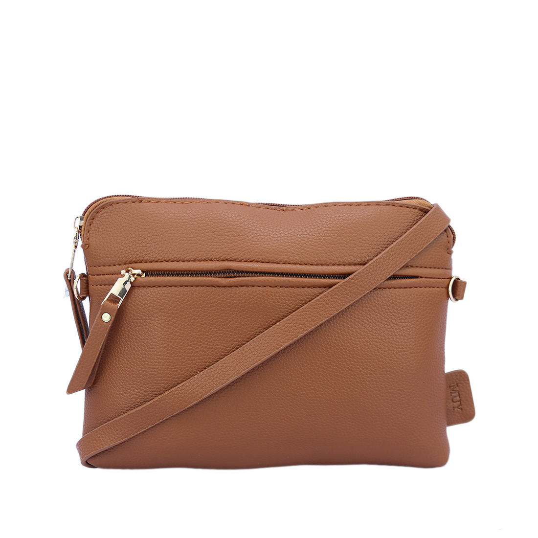 Textured cross bag with front zip pocket and gold-tone hardware.