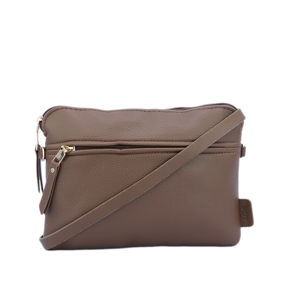 Textured cross bag with front zip pocket and gold-tone hardware.