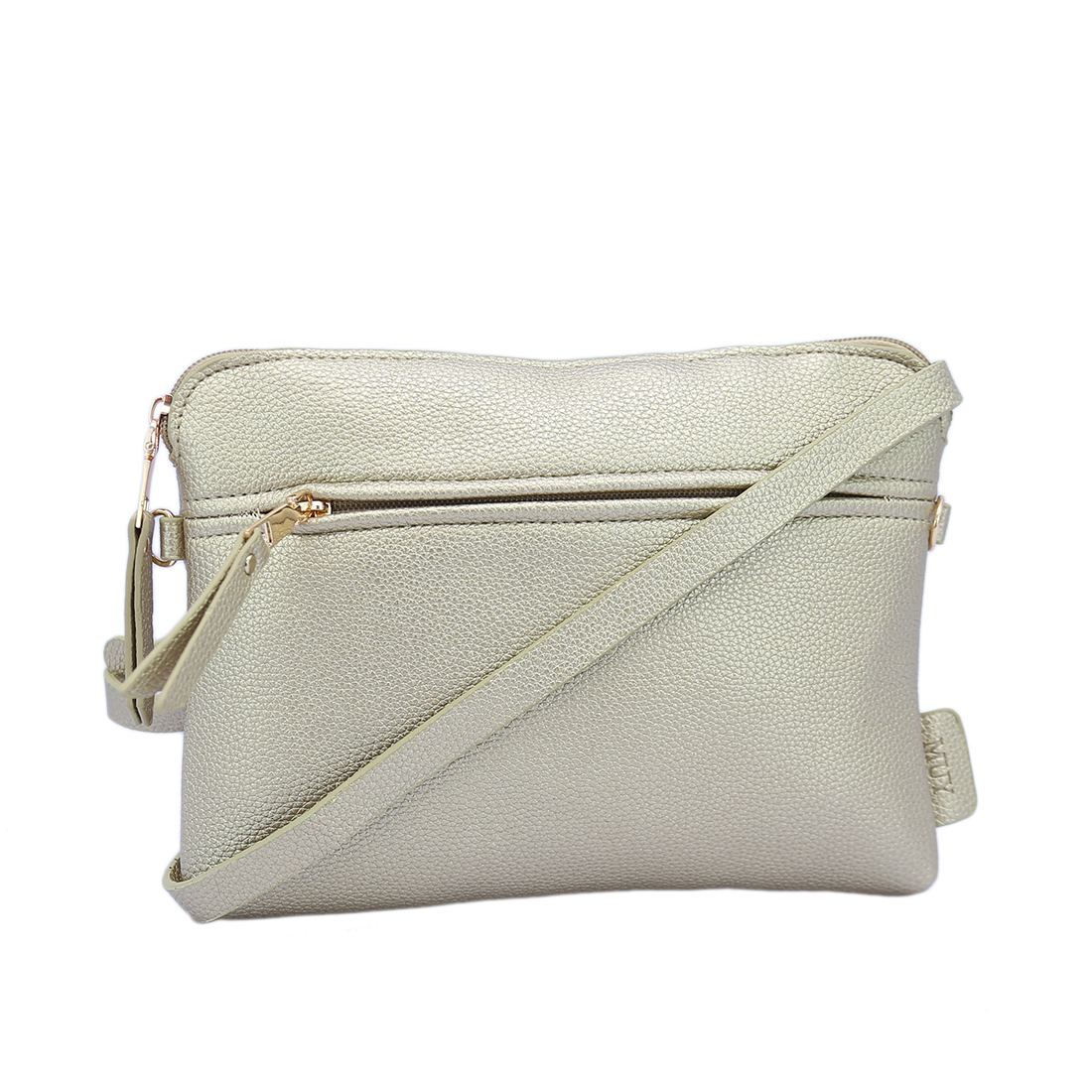 Textured cross bag with front zip pocket and gold-tone hardware.