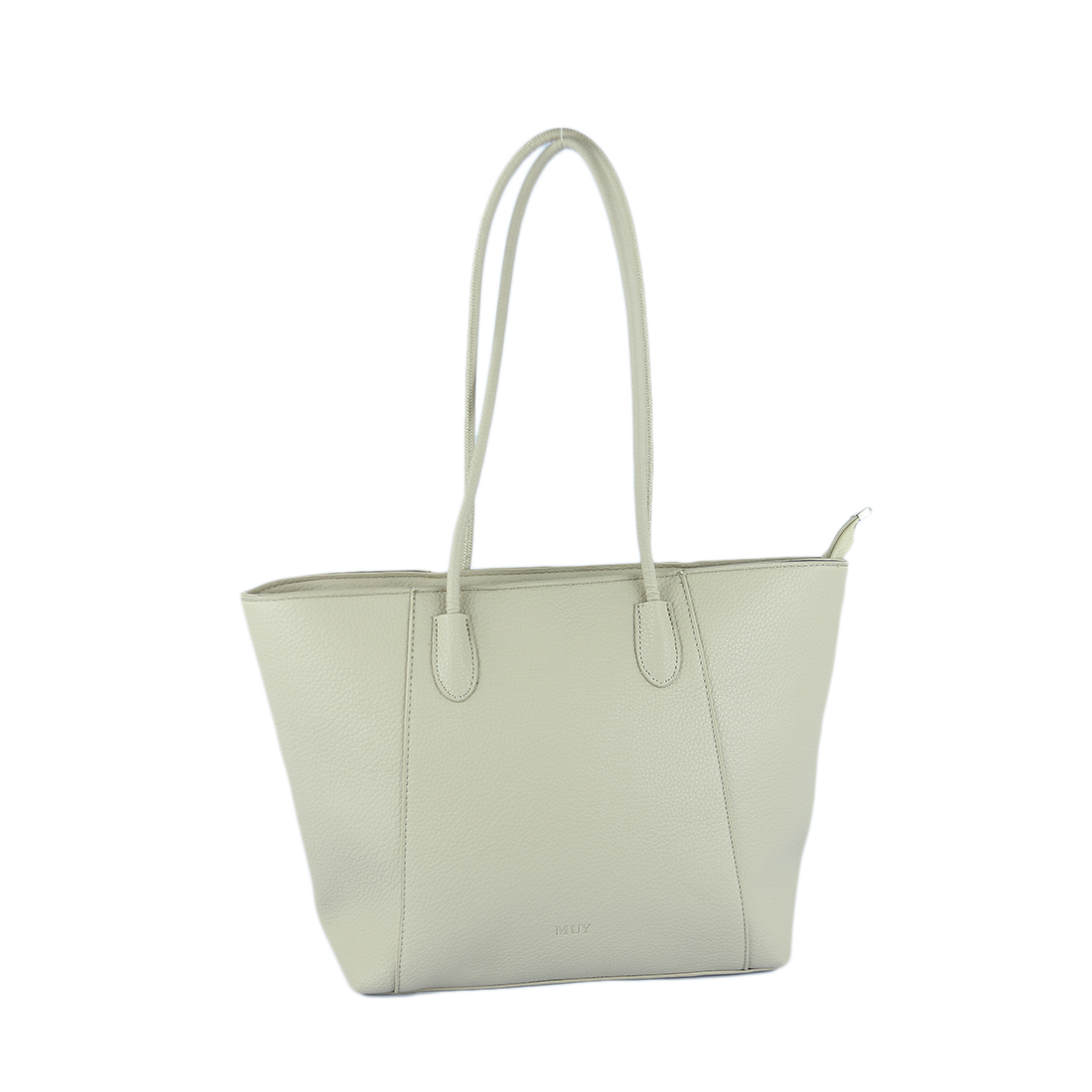 Textured tote bag with twin handles and zip closure
