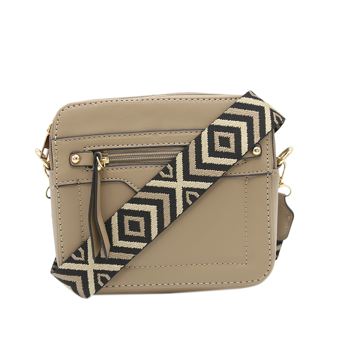 Rectangular crossbody bag with gold zippers
