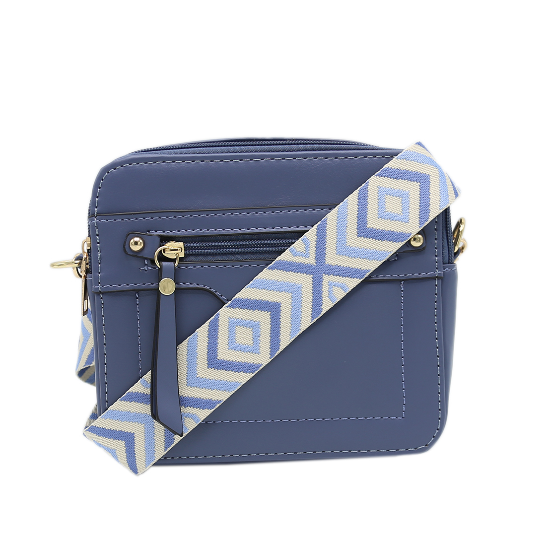 Rectangular crossbody bag with gold zippers