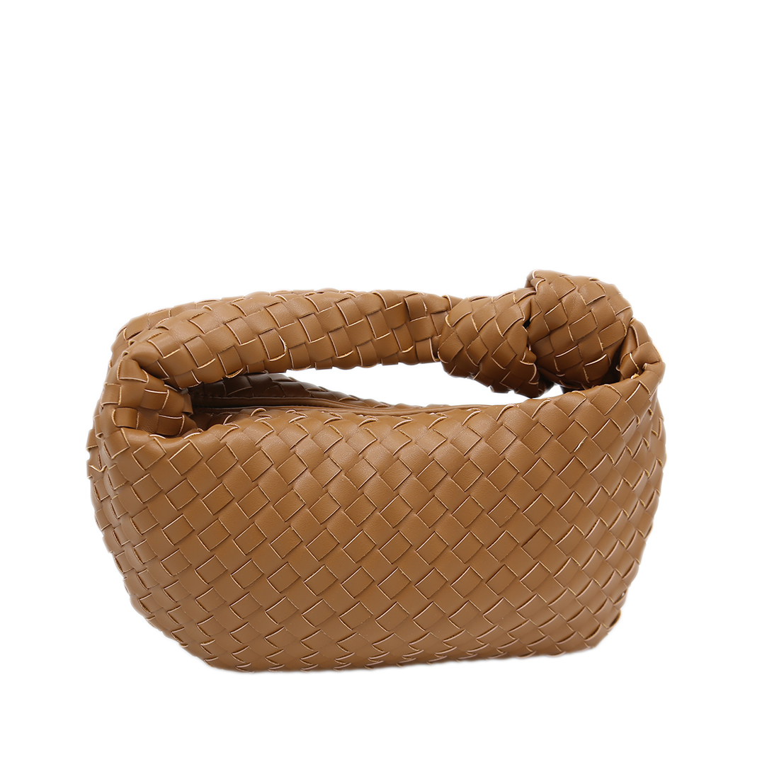 Black woven handbag with a knotted handle.