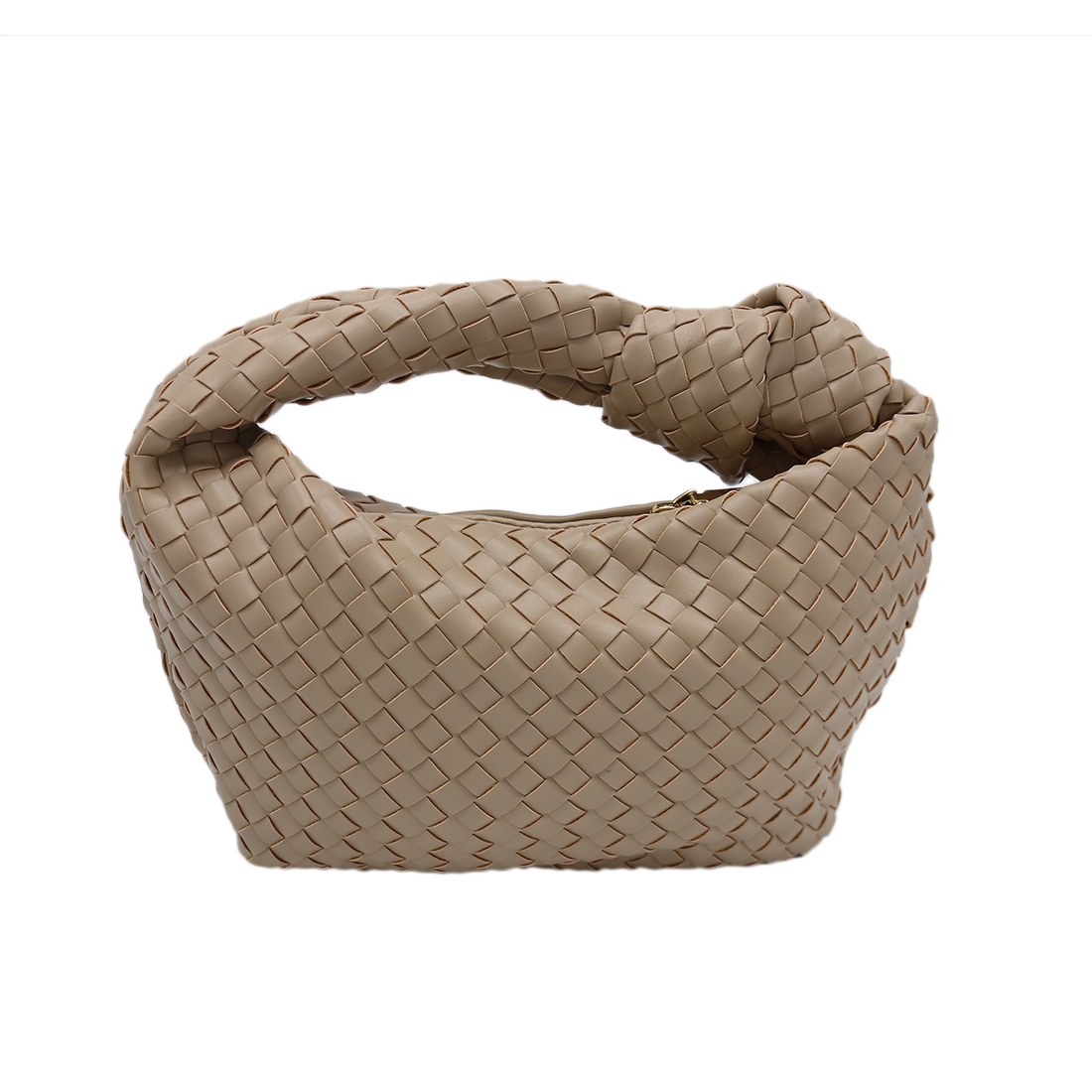Black woven handbag with a knotted handle.