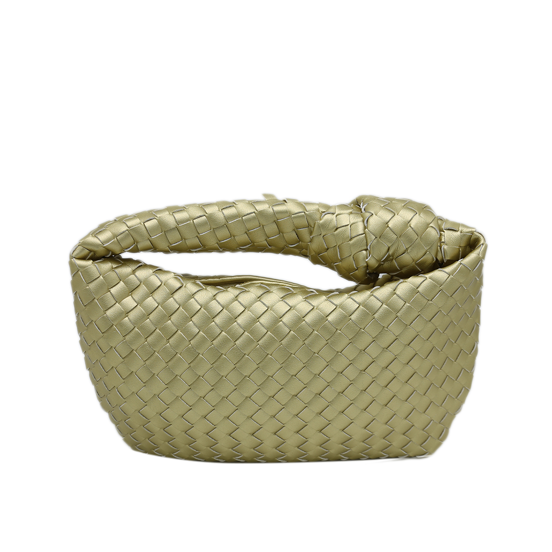 Black woven handbag with a knotted handle.