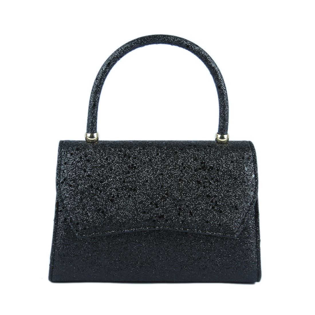 Sparkly trapezoidal handbag with a single arched handle