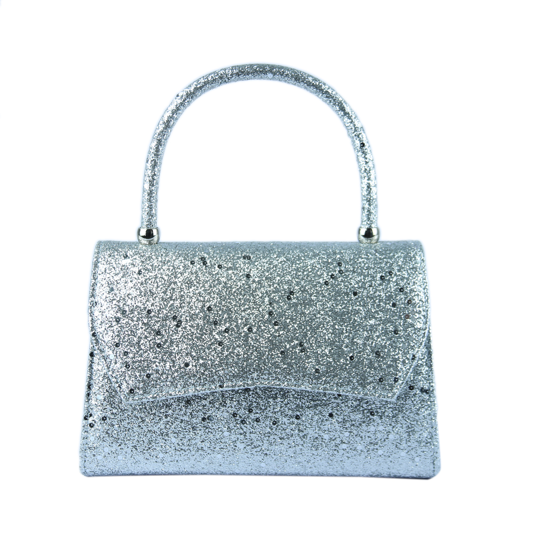 Sparkly trapezoidal handbag with a single arched handle
