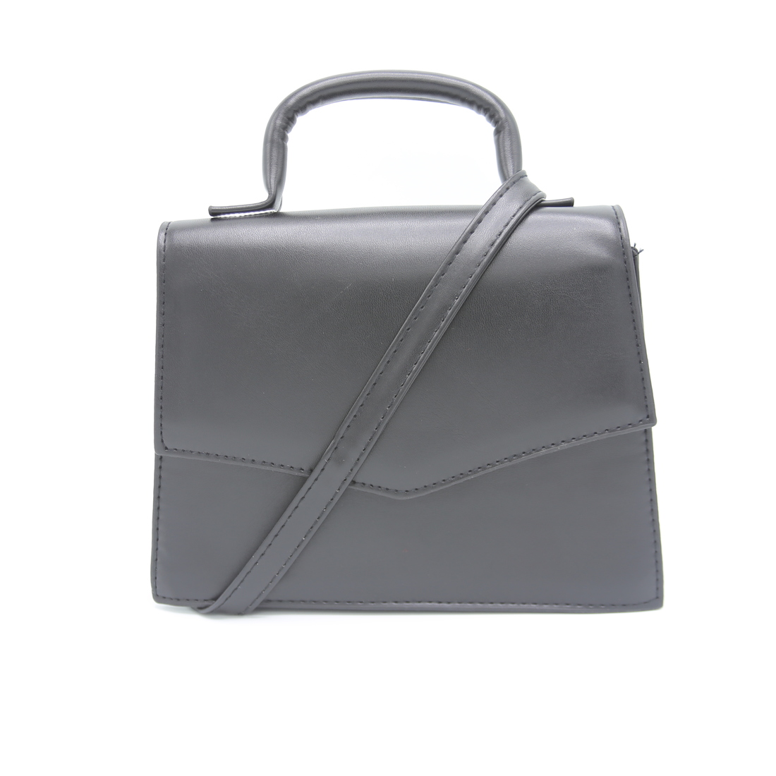 Structured handbag with top handle and flap closure.
