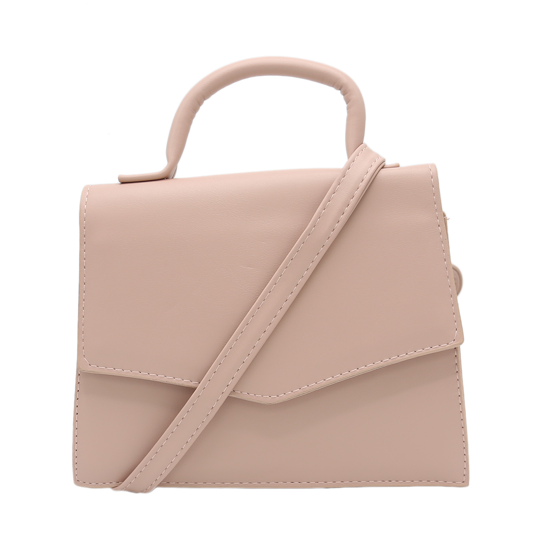 Structured handbag with top handle and flap closure.