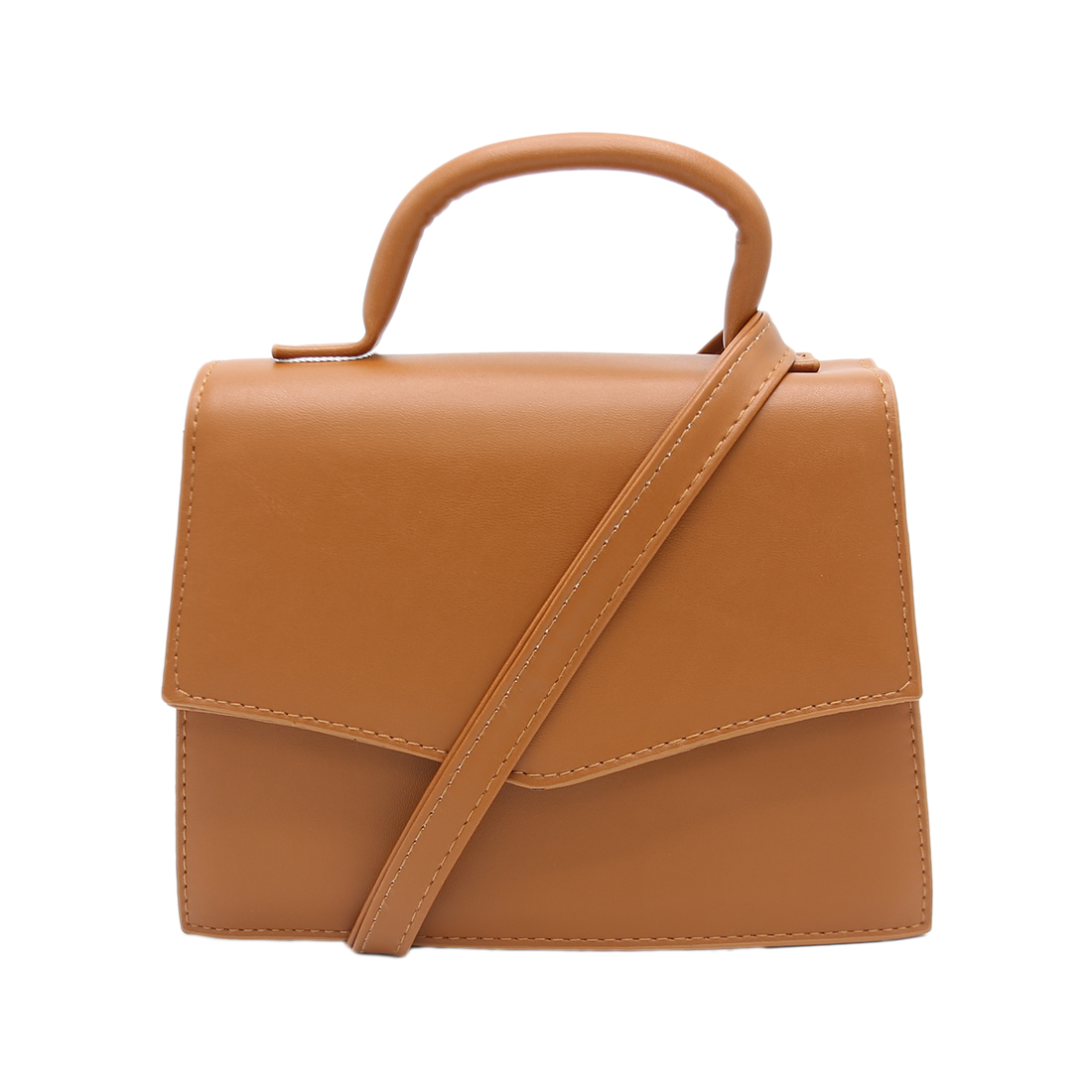 Structured handbag with top handle and flap closure.