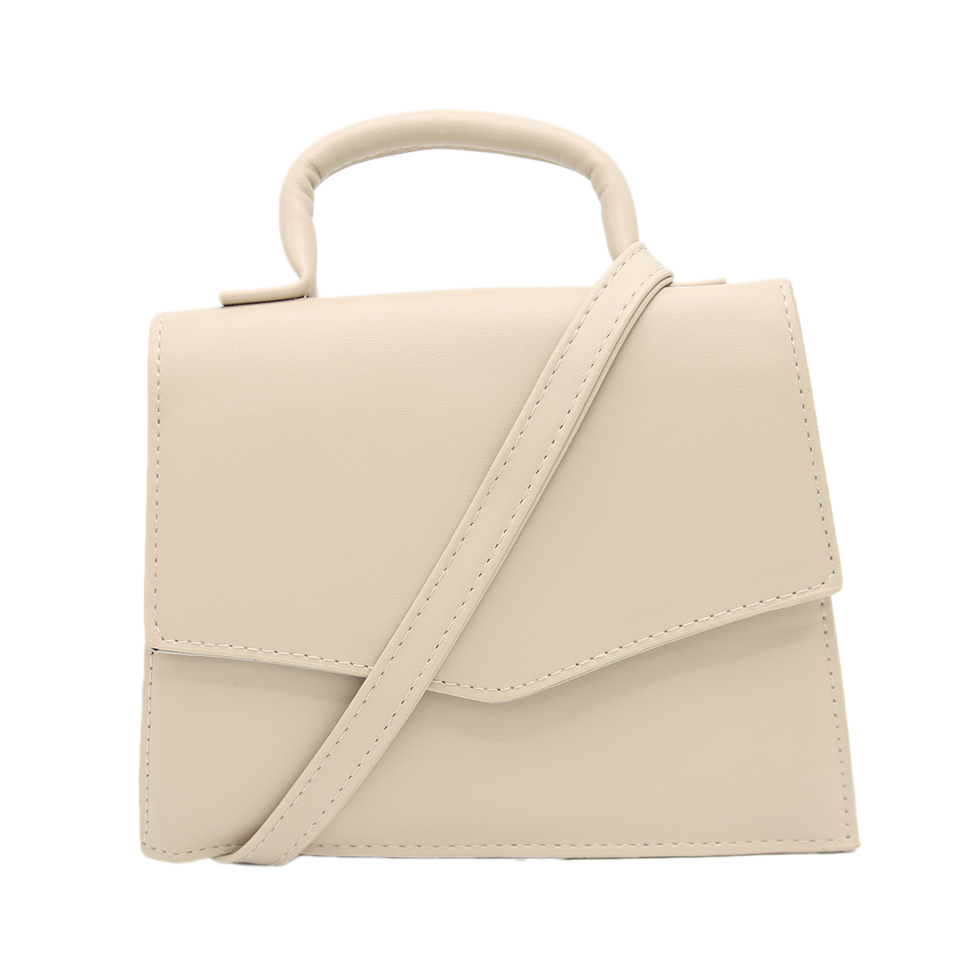 Structured handbag with top handle and flap closure.
