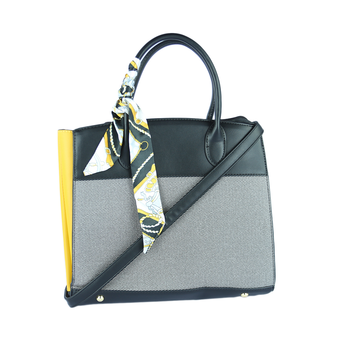 Black tote bag with a decorative scarf and back zip pocket