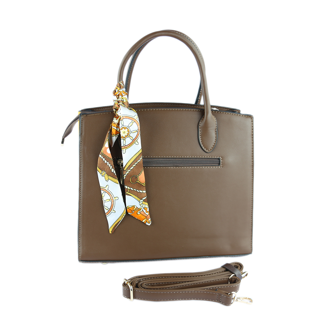 Black tote bag with a decorative scarf and back zip pocket