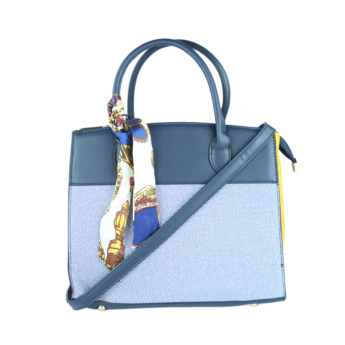 Black tote bag with a decorative scarf and back zip pocket