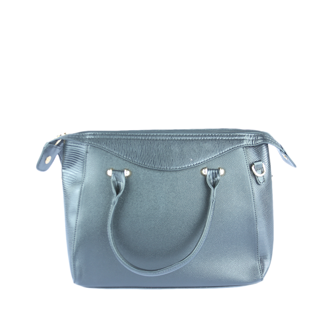 Multi-toned tote bag with textured side panels and top handles