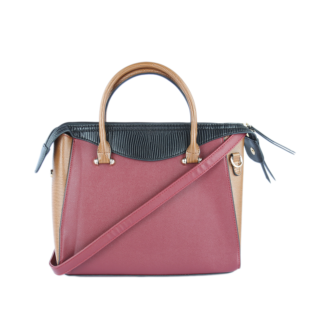 Multi-toned tote bag with textured side panels and top handles